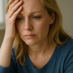 A woman holds her head in pain, reflecting the emotional turmoil of being in an affair and feeling life is on hold.